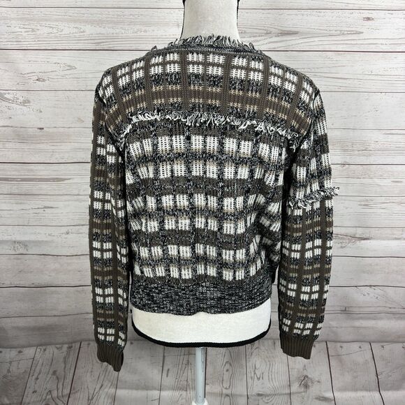 CAbi # 4097 Classic Cardigan Sweater Size Medium Brown Plaid Open Front Fringe - Picture 6 of 10